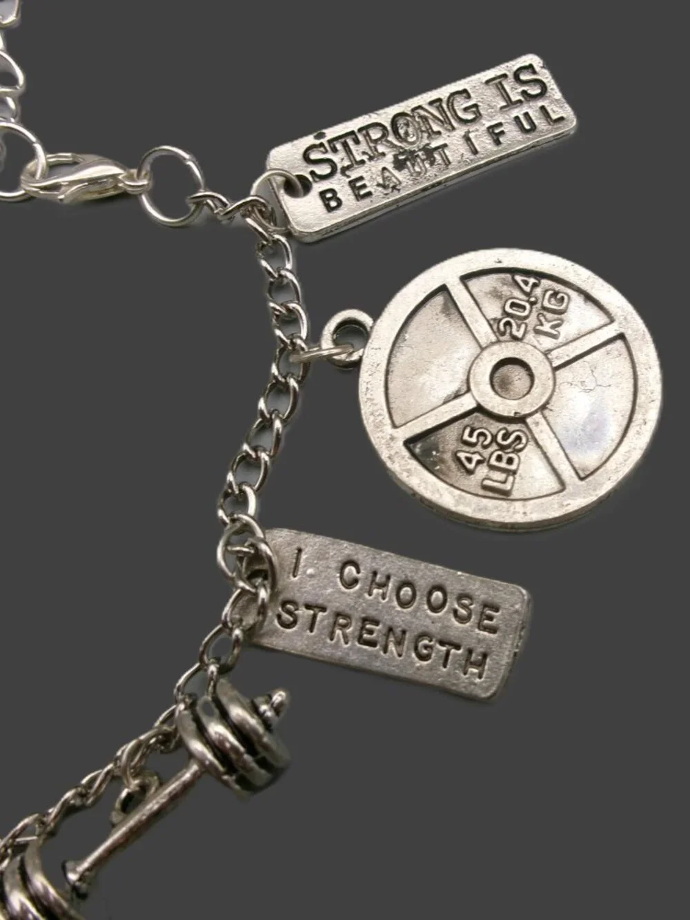 Silver Gym Fitness Motivational Charm Bracelet, Weigts, Dumbbell, Kettle Ball